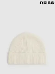 Reiss Off White Chaise Merino Wool Ribbed Beanie Hat (E45230) | $95