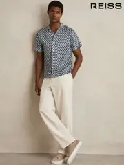 Reiss Navy Oe Florida Zig-Zag Print Cuban-Collar Shirt (E10231) | $130