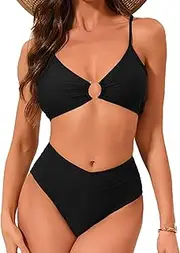 [Fanuerg] Women's Triangle Bikini Sets Ring Front Ruched Two Piece Swimsuit V Cut Bottom Bathing Suit, Black, Small