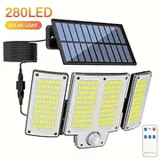 Solar Flood Lights Shustar-280 LED Outdoor Solar Light with Motion Sensor Solar Security Light with Remote Control 3 Modes 3-Head with Extension Cable for Yard