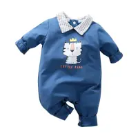 在飛比找momo購物網優惠-【JoyNa】嬰兒 純棉長袖包屁衣 湖藍皇冠貓連身衣(肩扣下