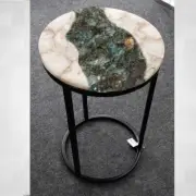 White Agate Round Coffee Table with Labradorite Gemstone Art Decor