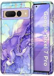 Btscase for Google Pixel 7 Pro Case, Marble Pattern 3 in 1 Heavy Duty Shockproof Full Body Rugged Hard PC+Soft Silicone Drop Protective Women Girl Covers for Google Pixel 7 Pro (2022), Cobalt Violet