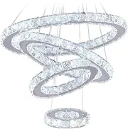 USOR LED Modern Crystal Chandeliers 3 Colors Dimmable Remote K9 Crystal Flush Mount Ceiling Light Fixture 4 Rings Pendant Light Fixture for Bedroom Living Room Dining Room Kitchen Entryway