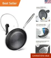 Pro Stainless Steel Frying Pan with Honeycomb Nonstick Coating and Lid - 10 Inch