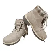 Anjou Femme Beige Lace-Up Ankle Boots Women’s Size 7.5 Plaid Collar Work Hiking