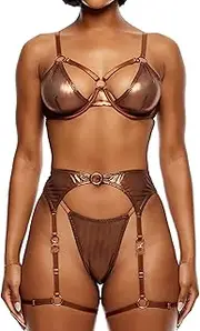 [ForPlay] Liquid Metal Metallic Mesh Bra and Garter Belt Lingerie Set - Copper