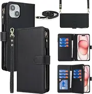 Cavor for iPhone 15 Case 6.1 inch PU Leather Folio Flip Wallet Back Cover Magnetic Case with Long Shoulder Lanyard Zipper Coin Purse 9 Card Holder Kickstand Wristlet Strap-Black