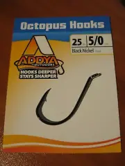 25 Addya Saltwater Octopus Bait Fish Hooks Reversed 2X / A600-BN Black Size 5/0