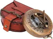 NEOVIVID Brass Sundial Compass with Leather Case and Chain - Push Open Compass - Steampunk Accessory - Antiquated Finish - Beautiful Handmade Gift -Sundial Clock