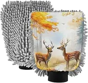 XYMZR Sika Deer Autumn Forest Absorbent Microfiber Car Wash Mitt, Funny Cute Anime Scratch Free for Cars Cleaning, Home Cleaning Mitts, 2 Pack, 10.24” L x 7.09” W