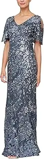 [Alex Evenings] Women's Long Sequin Dress with Flutter Sleeves