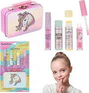 EXPRESSIONS 5pc Cosmetics Lip Kit For Kids w/Lip Glosses, Lip Balms & Tin Box Storage Case,I Believe in Unicorns Hologrpahic,Washable + Non Toxic