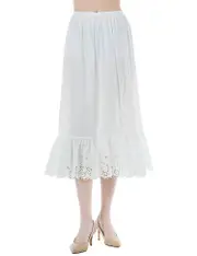 Women Half Slip Underskirt 100% Cotton Skirt Extender With Lace Embroidery A-line Petticoat Underdress Knee Length Long Summer Skirt Ivory Ivory-80...