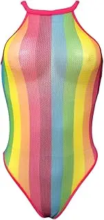 [Generic] Striped Rainbow Swimsuit Bikini for Women See Through Colorful Mesh Beachwear Fishnet Fashion Halter One Piec Bodysuits, Pink, X-Large, Classic