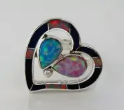 BEAUTIFUL FIERY RED BLUE PINK OPAL CHANNEL INLA Y SILVER HEART RING SIZE 7-1/2
