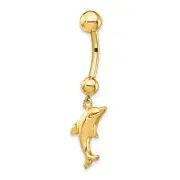 Avariah Solid 14k Yellow Gold 14 Gauge Dolphin Dangle Belly Ring - 35mm