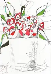 Original pen and ink modern whimsy pink red roses big flowerpot StudioB3Arts