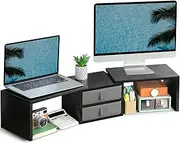 TEAMIX Dual Monitor Stand Riser with 2 Drawers-Length and Angle Adjustable 3 Shelf Monitor Riser with Storage Desk Organizer Large Computer Monitor Stand for 2 Monitors/Laptop/PC,Wood Screen/TV Stand