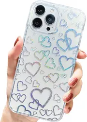 iPhone 12 Pro Max Case Clear, Cute Glitter Sparkly Love Heart Laser Pattern Design Case, Soft TPU Bumper + Hard PC Back Women Girls
