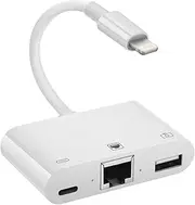 Lightning to RJ45 Ethernet Adapter Network Adapter, with Charge Port and USB Port Support USB Flash Drive/Keyboard/Mouse/Came, Plug and Play,Supports 100Mbps Ethernet Network