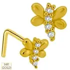 14k Solid Yellow Gold Dragonfly Design 4 Round Clear Zircon L-Shape Nose Ring