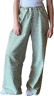 [Muineobuka] Women Plaid Striped Pants Elastic Waist Wide Leg Gingham Plaid Print Pajama Pants Casual Lounge Trousers