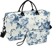 [ZRYSMY] Duffel Bag for Traveling, Blue White Flowers White Travel Bag Gym Bag, with Multiple Interior Pockets Shoulder Weekender Bag for Women Men with Toiletry Bag 20.5L x 1.9W x 13.8H, Multi-Colored