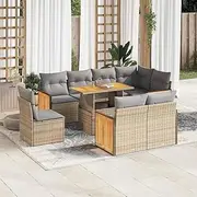9 Piece Patio Conversation Set, Outdoor Chairs, Acacia Table, Wicker Rattan Garden Furniture for Deck, Balcony, Clearance - Beige