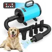 ADVWIN Dog Dryer, Pet Grooming Blow Dryer with LCD Display & Temperature Adjustable, 50-120m/s Adjustable Speed, 4 Different Nozzles, Blue