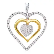 14k White Gold Round Diamond Double Frame Heart Cluster Pendant 1/2 Cttw