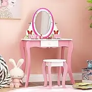 HONEY JOY Kids Vanity Table & Stool Set, Girls Makeup Dressing Desk Chair Set w/ 360° Rotating Mirror & Whiteboard, Princess Pretend Play Vanity Set w/ 1 Drawer, 2 Storage Grids