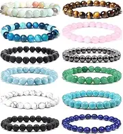 [Jewdreamer] 12Pcs Healing Stone Beaded Bracelets for Women Men Semi-Precious Gemstones Bracelets Crystal Beaded Bracelet Unisex Adjustable Stretch Bracelets 8MM