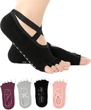 [Dress Cici] Half Toe Yoga Pilates Socks Non Skid, Extra Low Cut Cotton Barre Socks with Bottom Grips (4 Pairs)