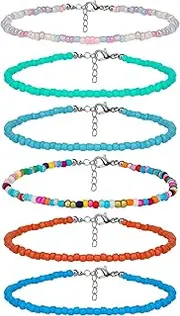 [SAVITA] 6pcs 8-10inch Handmade Beaded Anklets for Women Colorful Bohemian Glass Beads Ankle Wrap Bracelets String Adjustable Elastic Thread Gifts for Women Girls Beach Vacation, 10 inch, Glass, glass bead