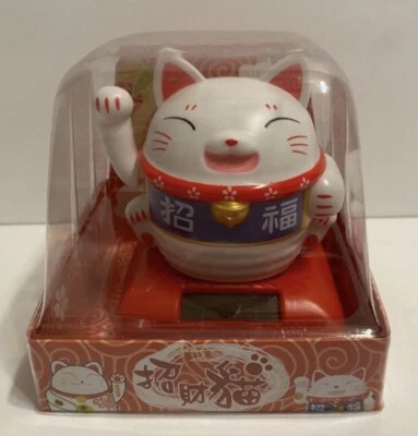 Solar Powered Maneki Neko Welcoming Lucky Beckoning Waving Fortune Cat-white