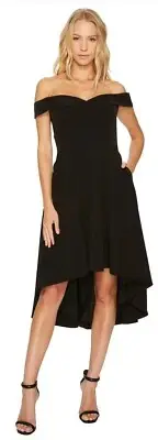 NEW Aidan Mattox Womens Dress Off Shoulder High Low Stretch Silhouette Black, 4