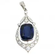 Vintage Deco Leaf Shape Simulated Blue Sapphire CZ Pendant 14K White Gold Silver