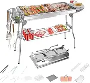 GCLCPAEN Foldable Stainless Steel Grill, Portable Grill Tool Kits, Ventilation Design, 73 x 33.5 cm Grill Area, for 5-15 People, 3 Storage Spaces, Easy to Add Charcoal, for Camping, Party, KIT2
