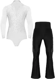 [TiaoBug] Mens Latin Dance Outfit Leotard with Fringe Flared Pants Jazz Rumba Tango Salsa Costume