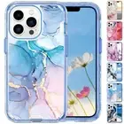 3in1 Heavy Duty Hybrid Marble Texture Shockproof Case For iPhone 16 15 11 Pro 8+