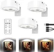 Leonneo Picture Lights for Wall, 3Pcs Wireless Rechargeable Magnetic LED Painting Light, Painting Frame Lights with Remote Dimmable and Timer, 3 Colors Wall Lights for Art Display,Picture,Frame(White)