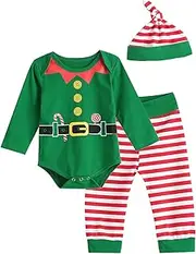 Aslaylme Christmas Elf Outfit Set Baby Boy Girl Xmas Striped Bodysuit with Hat