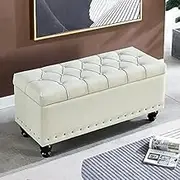 Modern Ottoman Premium Luxurious Faux Leather with Padded Storage Foot Stool Shoe Changing Stool for Living Room Bedroom Entryway Hallway-Khaki 80x40x45cm(31x16x18inch)