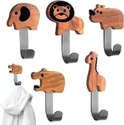 bellv Animal Wall Hooks - 5 Decorative Wooden Hooks with Cute Animals, Wall Hooks for Hanging Clothes, Coats, Towels, Keys,