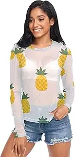 [RPLIFE] Yellow Pineapples White Mesh Sleeve Tops for Women, Sheer Long Sleeve Tops for Women S-XXL
