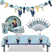 Combo Set 12 Kid Detective Secret Agent Spy Theme Birthday Party Supplies Disposable Tableware Decor Banner Tablecloth Cake Deco Set A