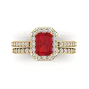 2.2 Emerald Round Cut Halo Tourmaline Statement Ring bridal Set 14k Yellow Gold