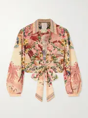 [Camilla] Camilla - + The White Lotus Cropped Printed Crystal-embellished Organic Cotton-poplin Wrap Shirt - Pink - small small Pink