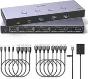 UGREEN 8K@60Hz HDMI KVM Switch 4 Computers with 4 USB 3.0 Ports Aluminum KVM Switches Share One Monitor Keyboard Mouse Hard Drives Printer with 4 HDMI Cables, 4 USB Cables and Desktop Controller
